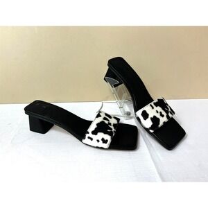 Svegan Slide Sandal B & W Vegan Pony Hair Cow‎ Print Square Toe & 2" Heel 10.5